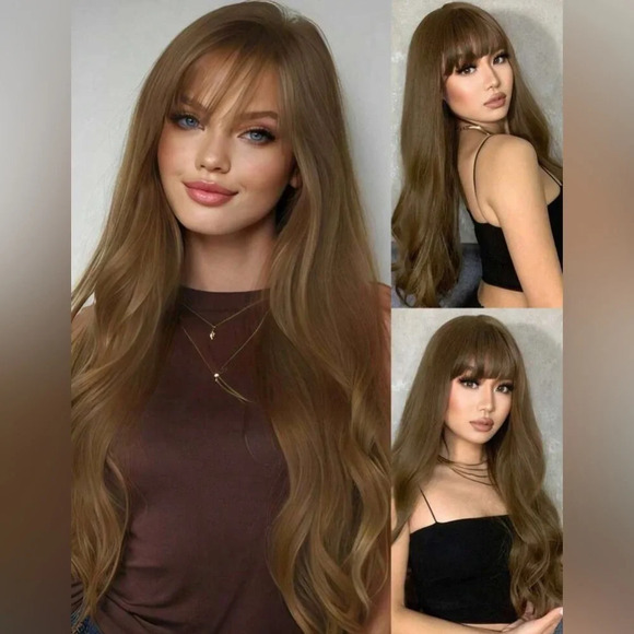 26 Inch Natural Medium dark Ash Blonde Wavy wig with bangs  for daily use - Picture 1 of 11
